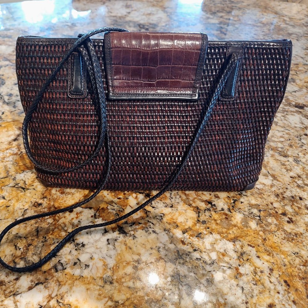 Brighton shoulder bag, brown weave with embossed panel, silver accents13X8" - Picture 3 of 15